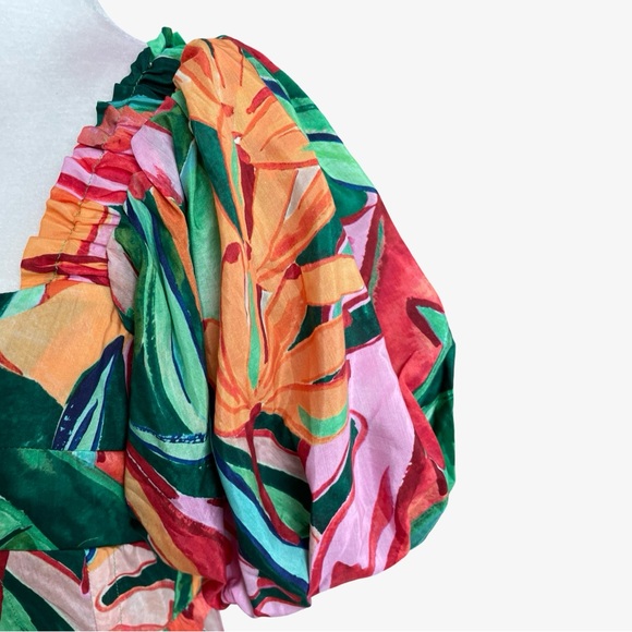 FARM Rio Banana Foliage Multicolor Puffed Sleeve Midi Dress XS NWT - Picture 8 of 16